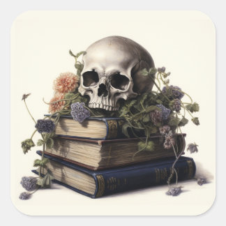 Gothic Watercolor Skull with Flowers Square Sticker