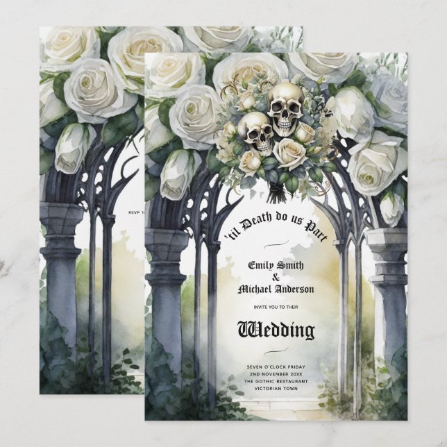 Gothic Wedding Black and White Roses Skulls Floral Invitation (Front/Back)