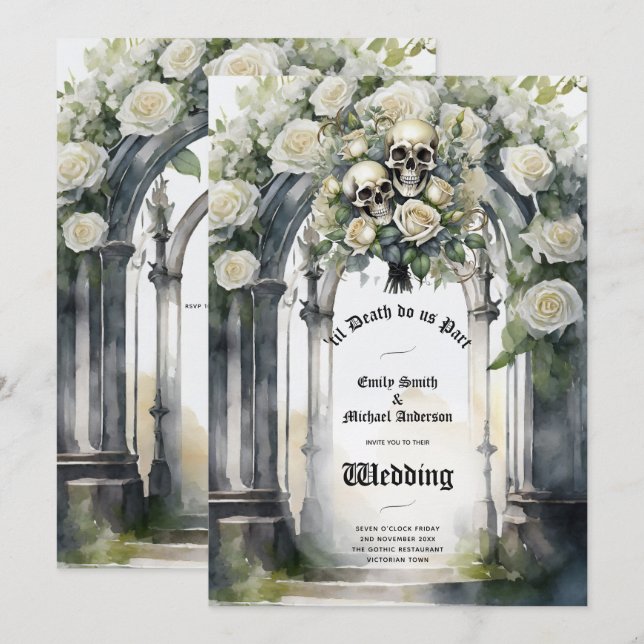 Gothic Wedding Black and White Roses Skulls Floral Invitation (Front/Back)