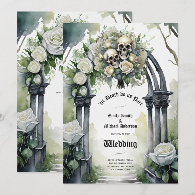Gothic Wedding Black and White Roses Skulls Floral Invitation (Front/Back)