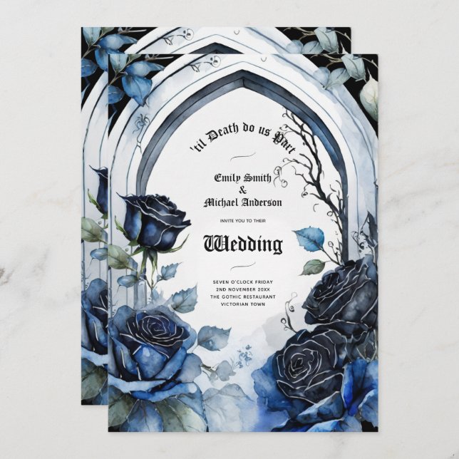 Gothic Wedding Black Blue Roses Arch Alternative Invitation (Front/Back)