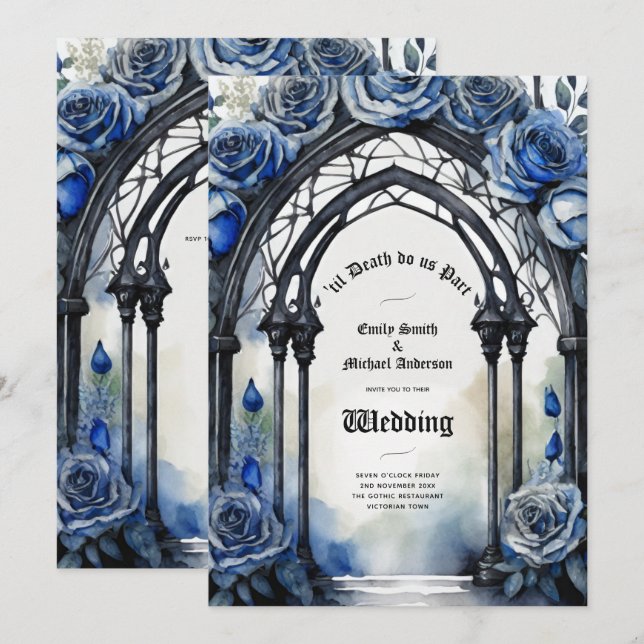 Gothic Wedding Black Blue Roses Arch Alternative Invitation (Front/Back)