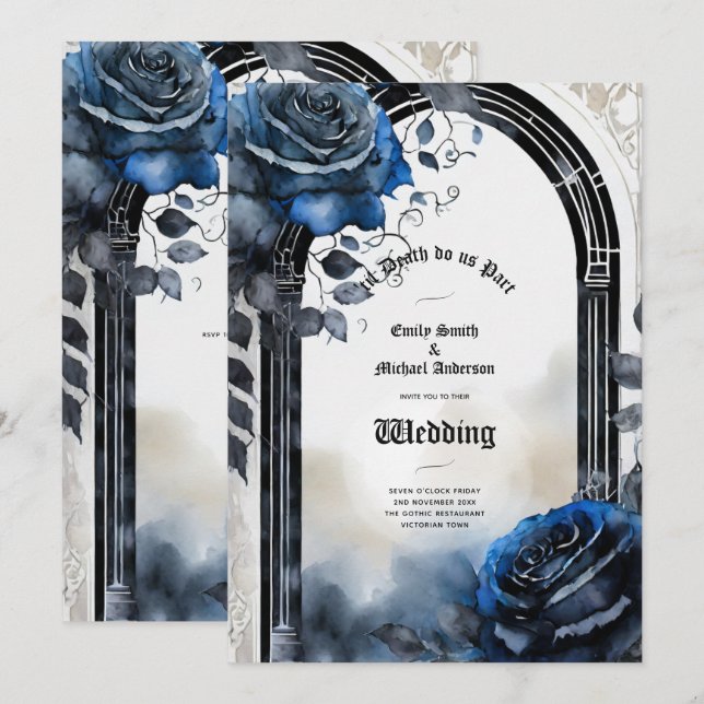Gothic Wedding Black Blue Roses Arch Alternative Invitation (Front/Back)