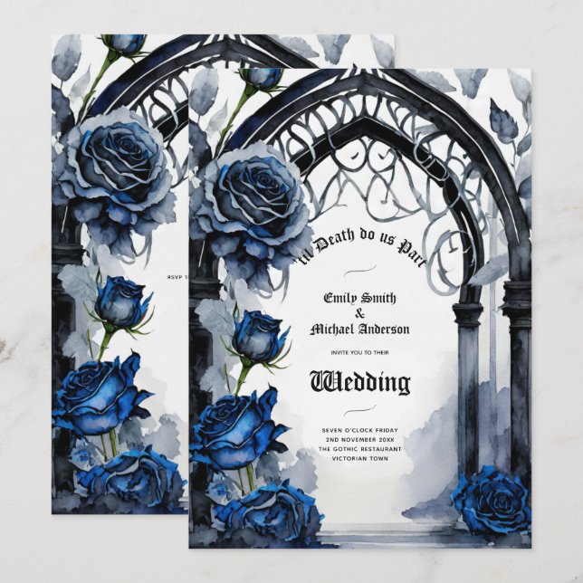 Gothic Wedding Black Blue Roses Arch Alternative Invitation (Front/Back)