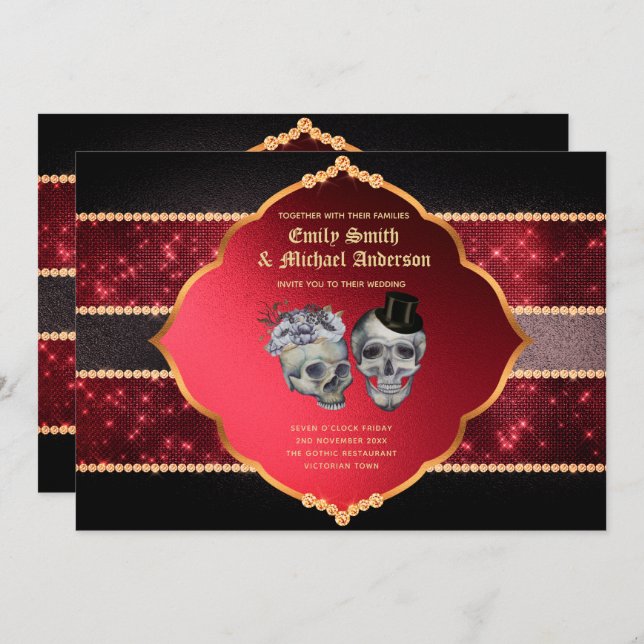 Gothic Wedding Deep Red Grey Gold Skulls Invitation (Front/Back)