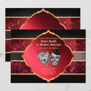 Gothic Wedding Deep Red Grey Gold Skulls Invitation