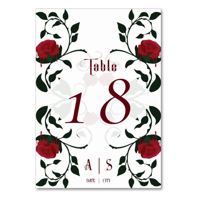 Gothic Wedding Dripping Red Roses Moody Table Number (Front)