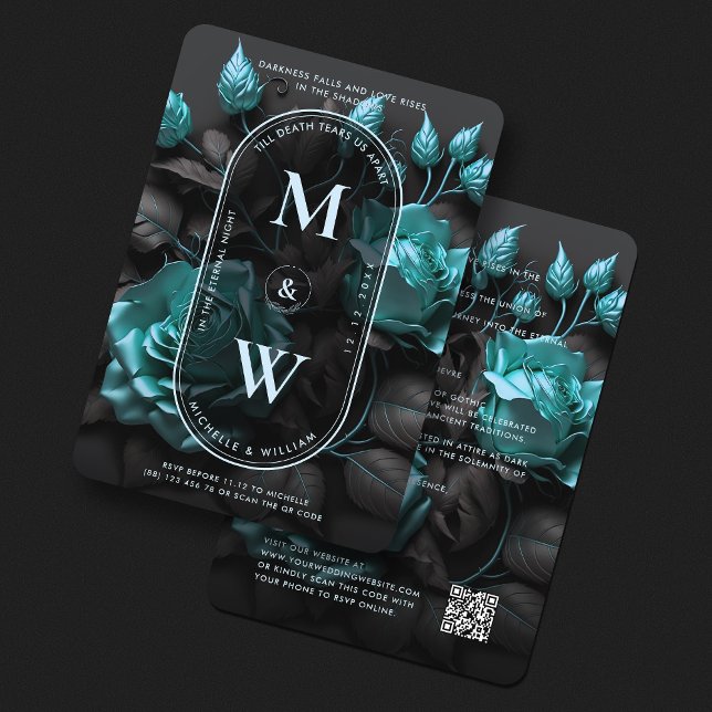 Gothic Wedding Elegant Teal Blue Roses Boho Invitation (Gothic Wedding Elegant Teal Blue Floral Boho Invitation
)
