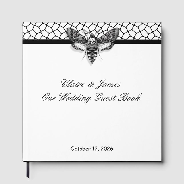 Gothic Wedding Guest Book – Black & White Moth (Front)