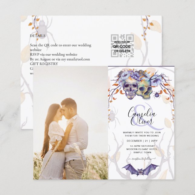 Gothic Wedding Invitation Purple Orange Skulls (Front/Back)