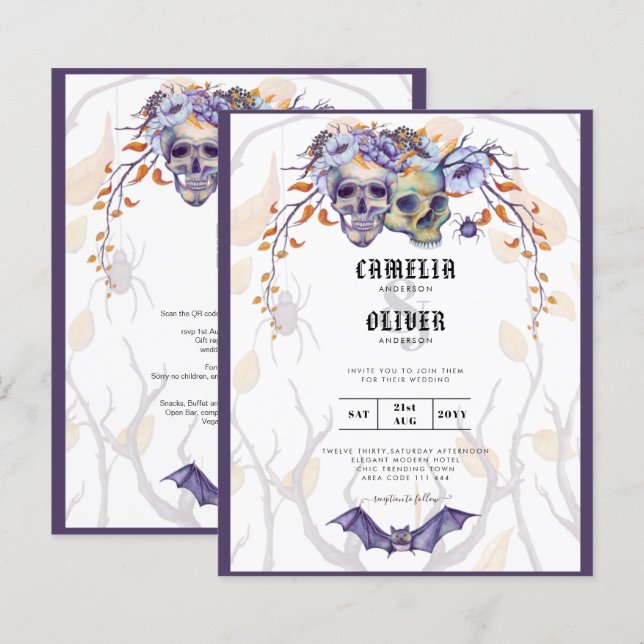 Gothic Wedding Invitation Purple Orange Skulls (Front/Back)