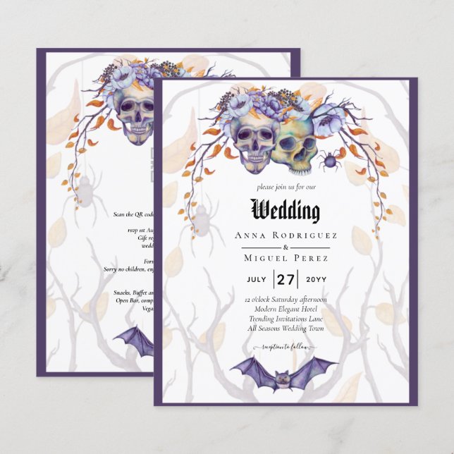 Gothic Wedding Invitation Purple Orange Skulls (Front/Back)