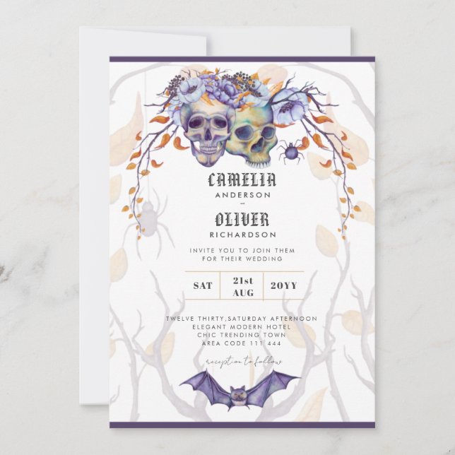 Gothic Wedding Invitation Purple Orange Skulls (Front)