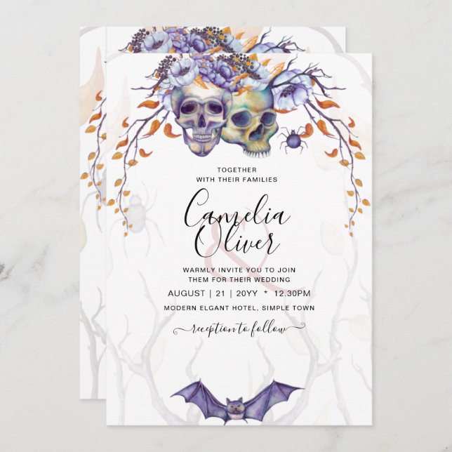 Gothic Wedding Invitation Purple Orange Skulls (Front/Back)