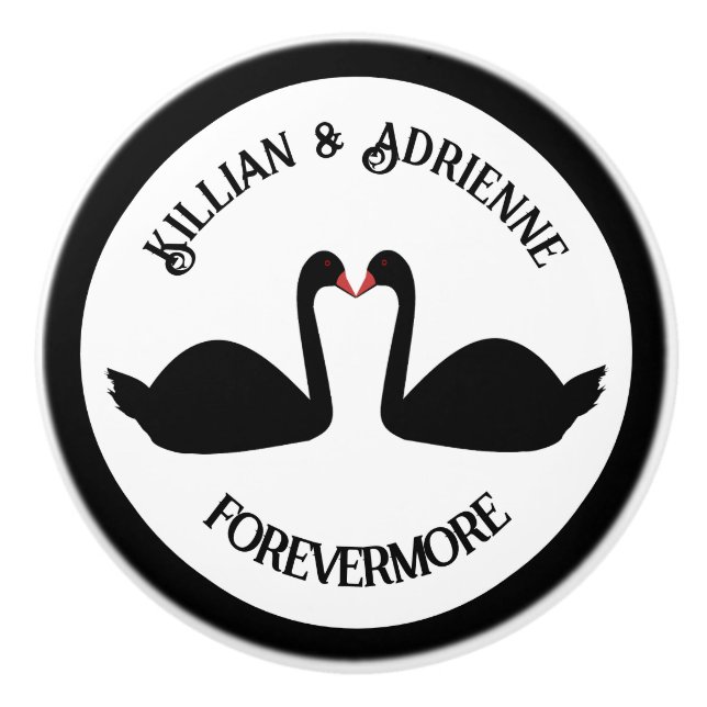 Gothic Wedding Kissing Black Swans Custom Ceramic Knob (Front)