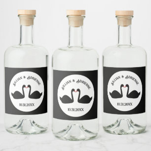 Gothic Wedding Kissing Black Swans Custom Liquor Bottle Label