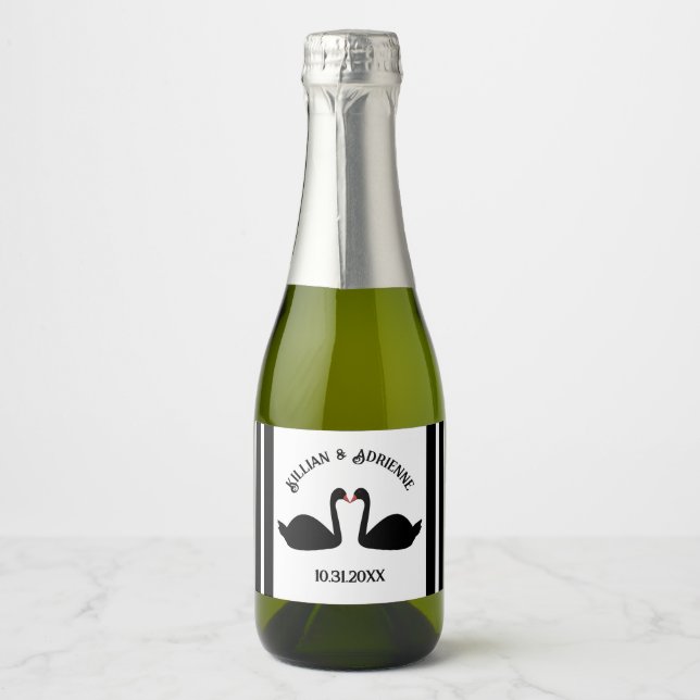 Gothic Wedding Kissing Black Swans Custom Sparkling Wine Label (Front)