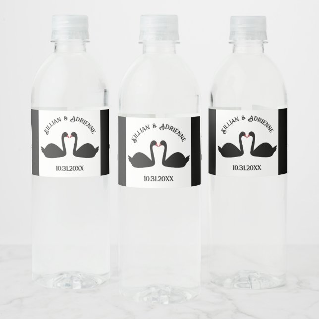 Gothic Wedding Kissing Black Swans Custom Water Bottle Label (Bottles)