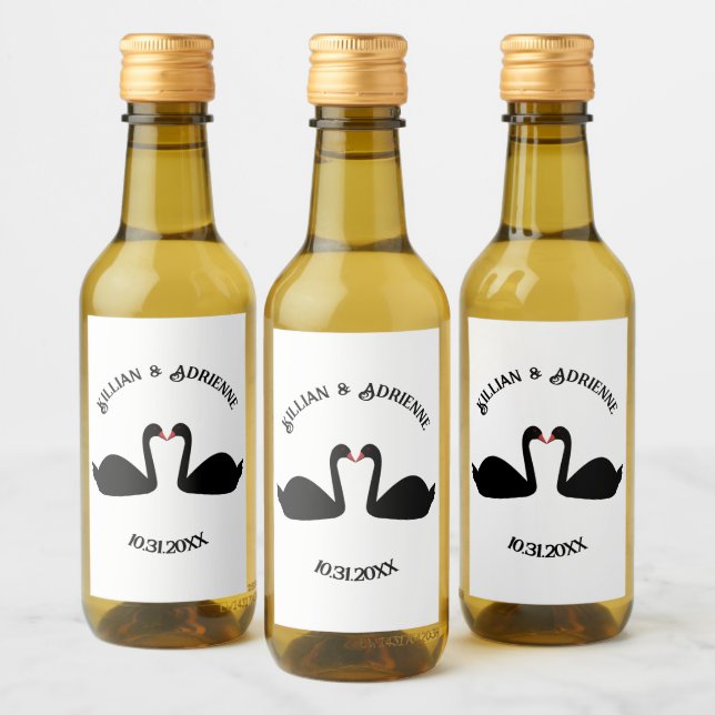 Gothic Wedding Kissing Black Swans Custom Wine Label (Bottles)