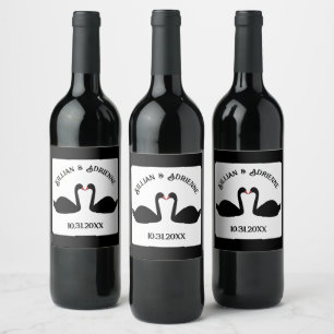 Gothic Wedding Kissing Black Swans Custom Wine Label