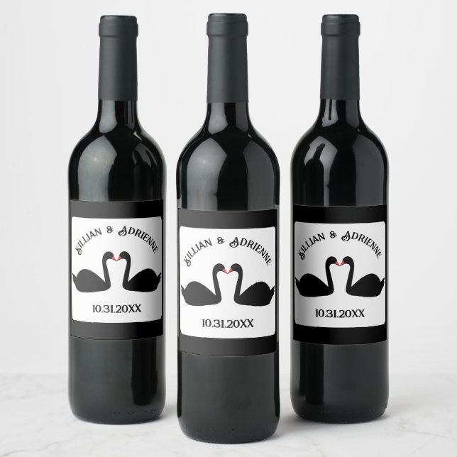 Gothic Wedding Kissing Black Swans Custom Wine Label (Bottles)