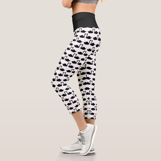 Gothic Wedding Kissing Black Swans Patterned Capri Leggings (Left)