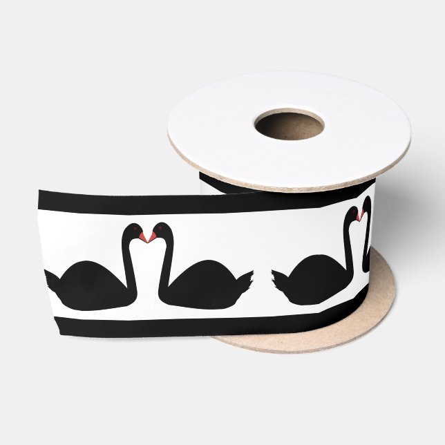 Gothic Wedding Kissing Black Swans Patterned Satin Ribbon (Spool)