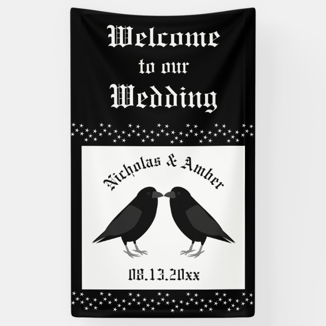 Gothic Wedding Kissing Ravens Custom Banner (Vertical)