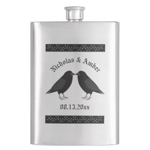 Gothic Wedding Kissing Ravens Custom Hip Flask
