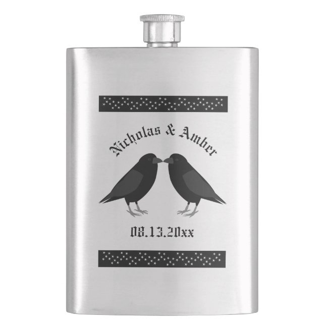 Gothic Wedding Kissing Ravens Custom Hip Flask (Front)