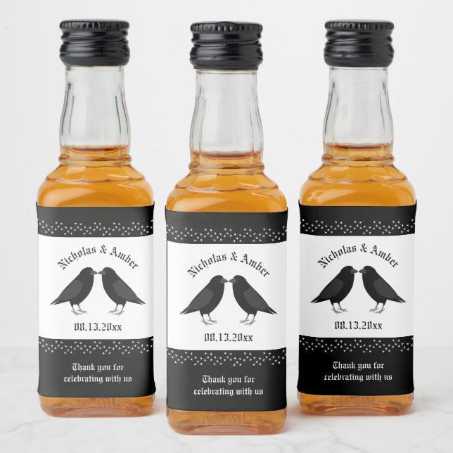 Gothic Wedding Kissing Ravens Custom Liquor Bottle Label (Bottles)