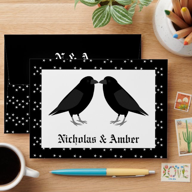 Gothic Wedding Kissing Ravens Custom Monogrammed Envelope (Desk)