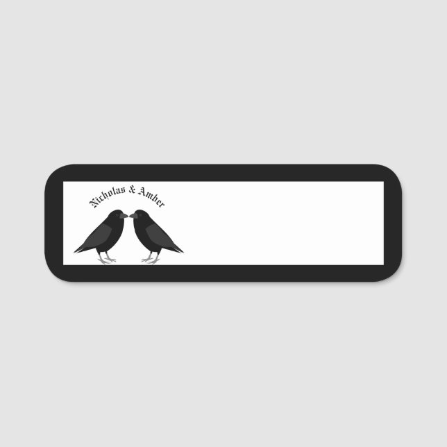 Gothic Wedding Kissing Ravens Custom Name Tag (Front)