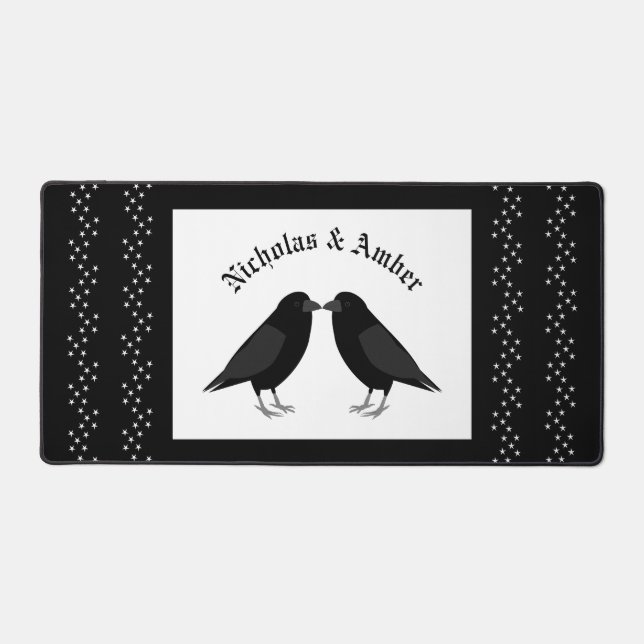 Gothic Wedding Kissing Ravens Custom Names Desk Mat (Front)
