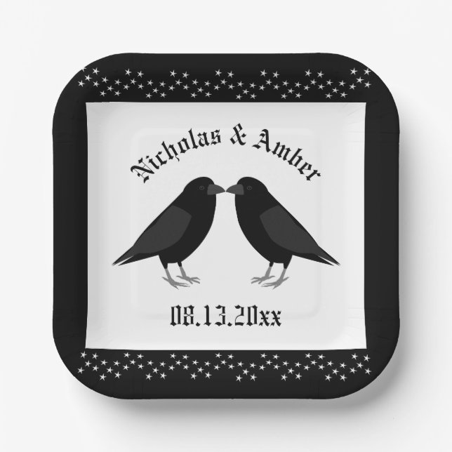 Gothic Wedding Kissing Ravens Custom Paper Plate (Front)