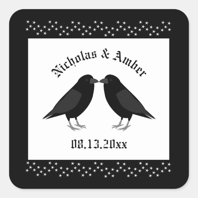 Gothic Wedding Kissing Ravens Custom Square Sticker (Front)