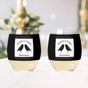 Gothic Wedding Kissing Ravens Custom Stemless Wine Glass