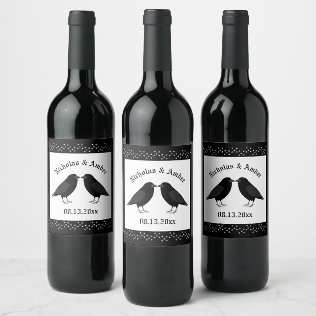Gothic Wedding Kissing Ravens Custom Wine Label (Bottles)
