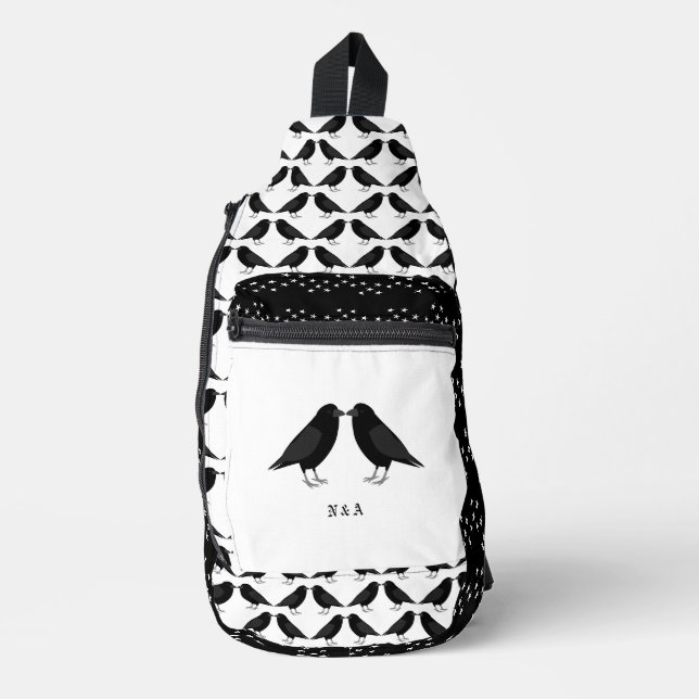 Gothic Wedding Kissing Ravens Monogrammed Sling Bag (Front)