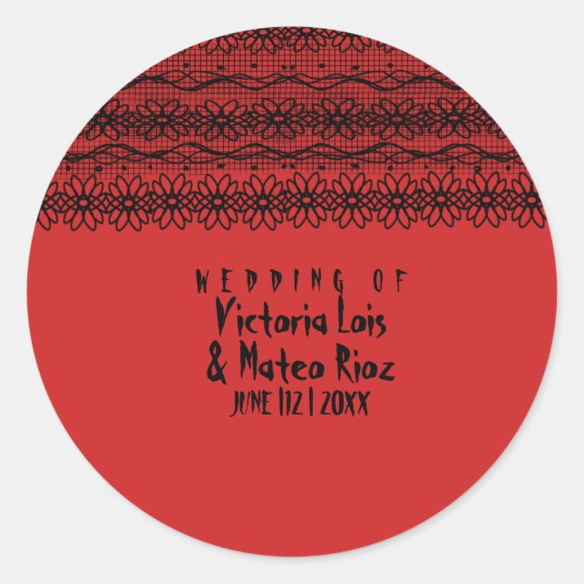 Gothic Wedding  Lace  Red Black       Classic Round Sticker (Front)
