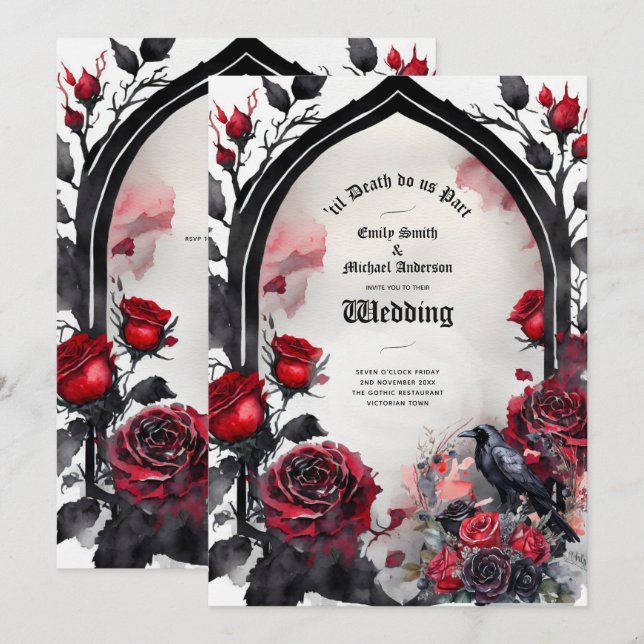 Gothic Wedding Red Black Roses Raven Invitation (Front/Back)