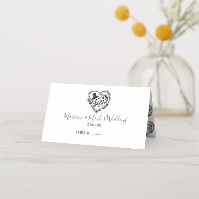 Gothic Wedding Skeleton Couples Illustration Place Card (Front)