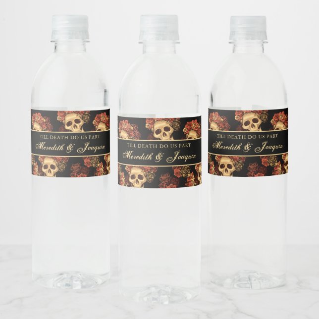 Gothic Wedding Skulls Black Red Rose Custom Water Bottle Label (Bottles)