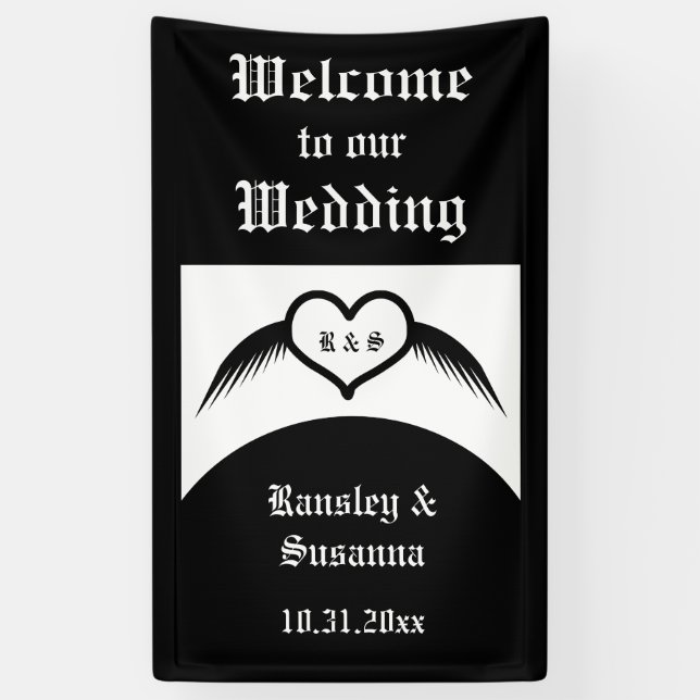Gothic Wedding Winged Heart Custom Monogrammed Banner (Vertical)