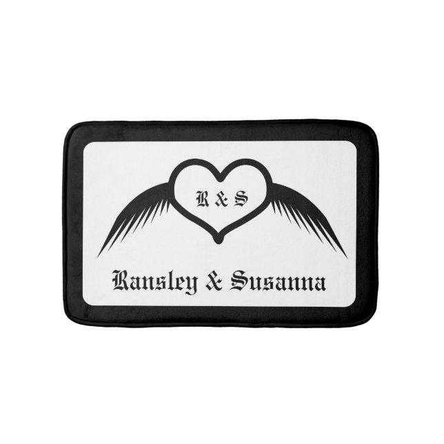Gothic Wedding Winged Heart Custom Monogrammed Bath Mat (Front)