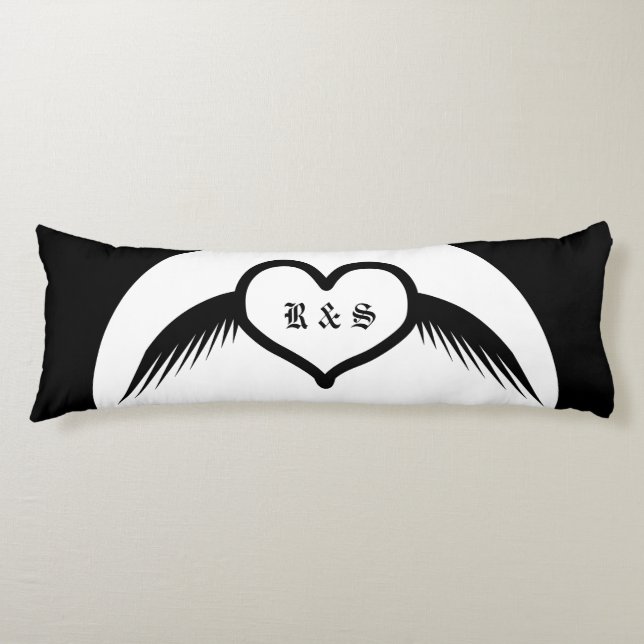Gothic Wedding Winged Heart Custom Monogrammed Body Cushion (Front)