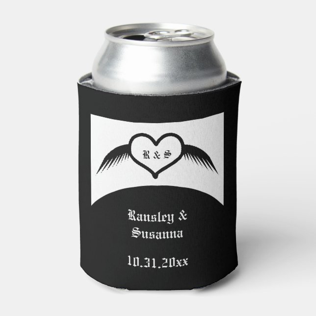 Gothic Wedding Winged Heart Custom Monogrammed Can Cooler (Can Front)