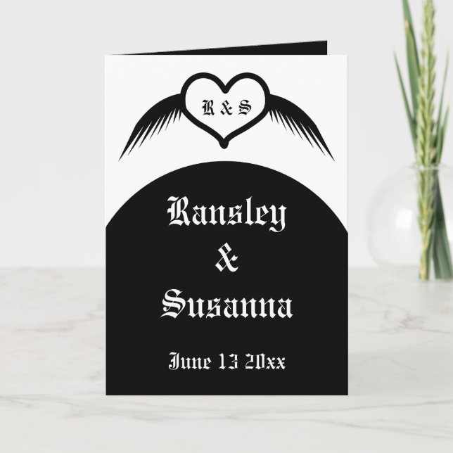 Gothic Wedding Winged Heart Custom Monogrammed Card (Front)