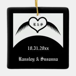 Gothic Wedding Winged Heart Custom Monogrammed Ceramic Ornament
