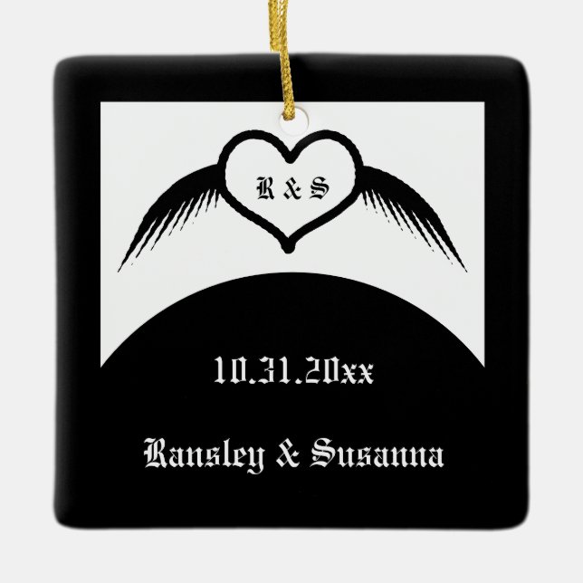 Gothic Wedding Winged Heart Custom Monogrammed Ceramic Ornament (Front)